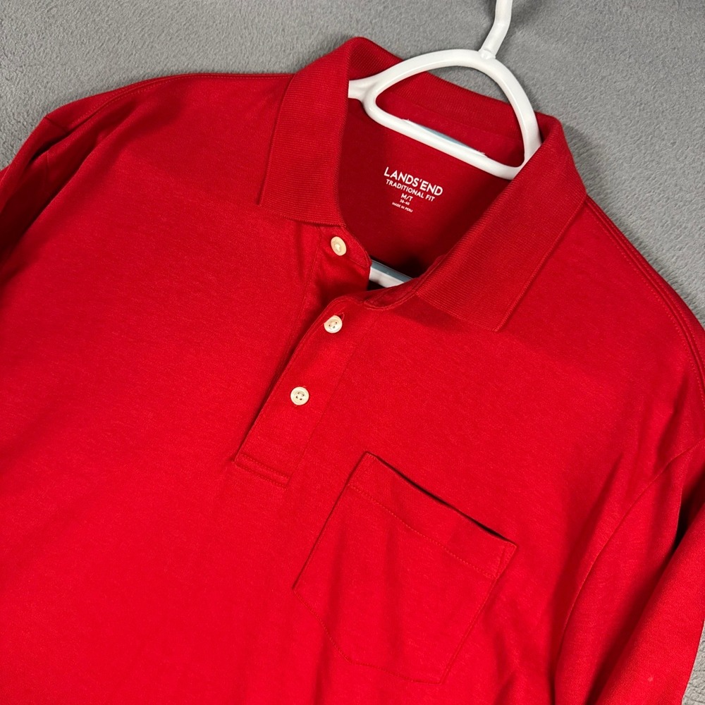 Lands End Polo Shirt Mens Medium Red Traditional Fit Long Sleeve Supima Cotton